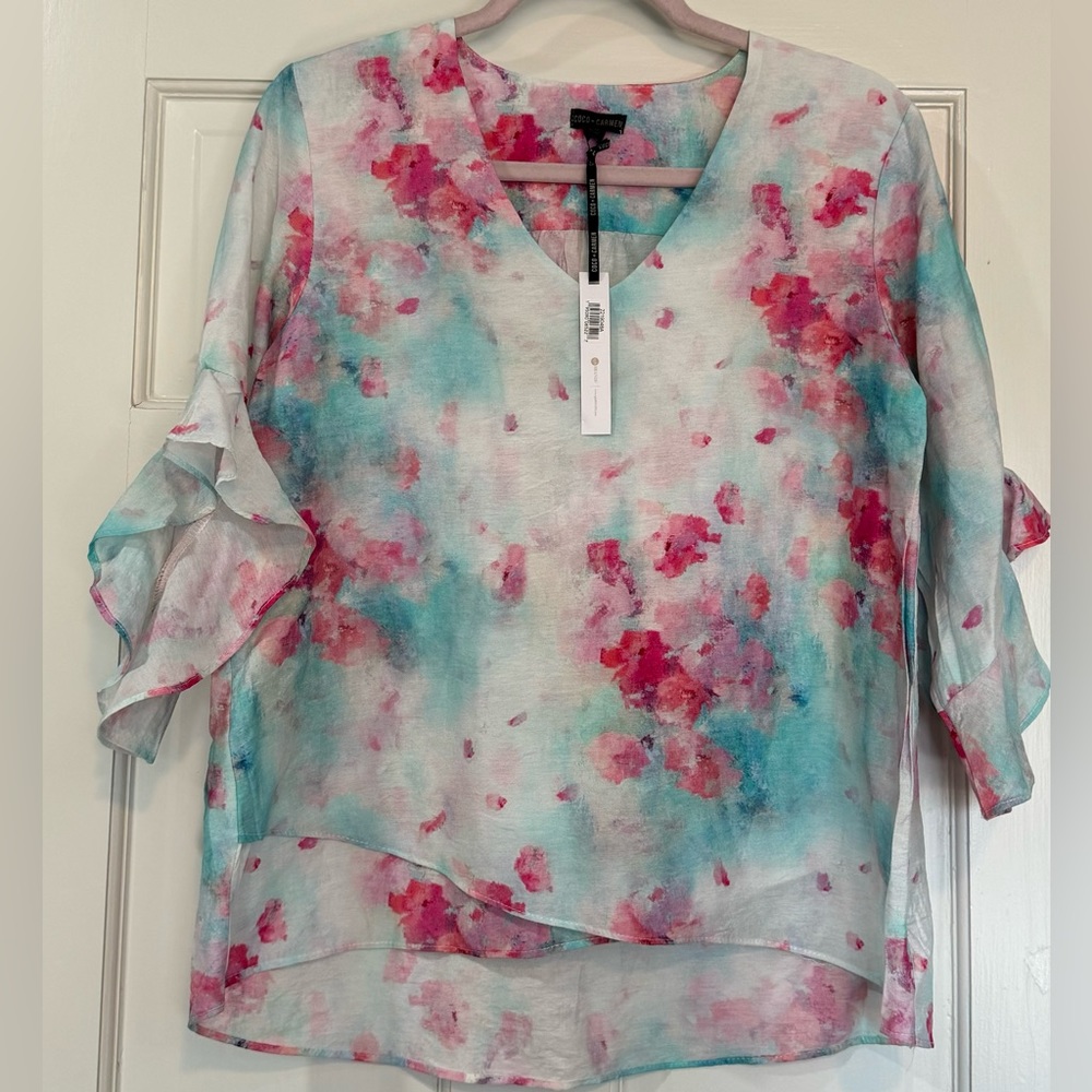 NWT Coco + Carmen Ruffle Sleeve Cross Bottom Top with High Low Hem Sz S/M